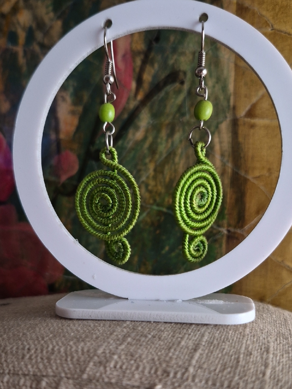 Handcrafted Boho Chic Green Spiral Dangle Earrings